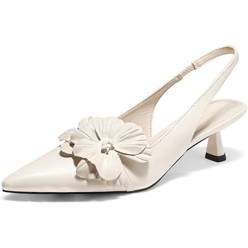 Womens Beige Flower Closed Pointed Toe Slingback Kitten Heel Wedding Pumps Shoes